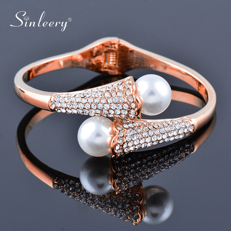 Sinleery Luxe Grote Parel Kristal Manchet Open Bangle Rose Goud Zilver Kleur Wedding Armbanden Vrouwen Mode-sieraden SL470 Ssf
