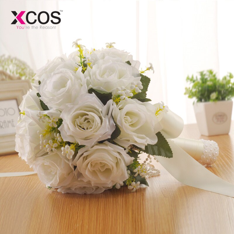 XCOS Kunstmatige Witte Bloem Boeket Bruidsboeket de mariage Handgemaakte Bladeren Parel Bloemen Bruidsmeisje Bruidsboeketten