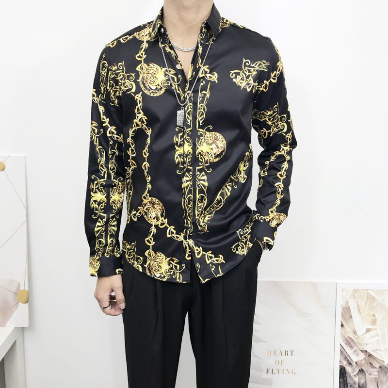 EDSON ARANTES-camisas de para hombre, ropa Masculina de barroca con estampado de cadena dorada 3d de lujo, de manga larga, ajustada, Noble