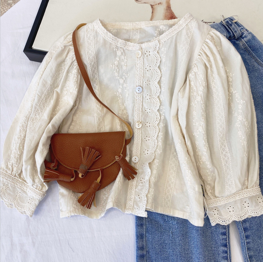 2022 Spring Girls Long Sleeve Lace Floral Blouses Kids Korean Blouses