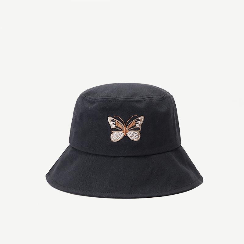 Hat Girl Spring / Summer / Autumn Sweet Lovely Butterfly Embroidered Fisherman's Hat Korean Sun Hat Sunscreen Basin Hat: Black