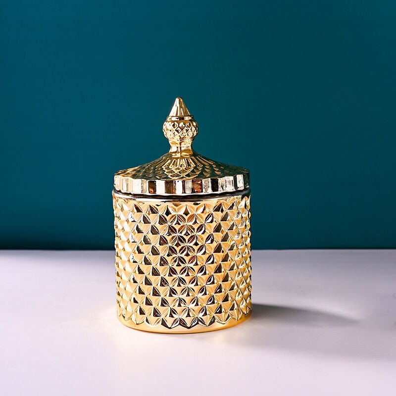 Tarros de cristal con tapa, latas de azúcar en lata de cristal, caja de dulces de diamante, recipiente para bastoncillos, almohadilla de algodón, recipiente de vidrio para almacenamiento doméstico: Gold