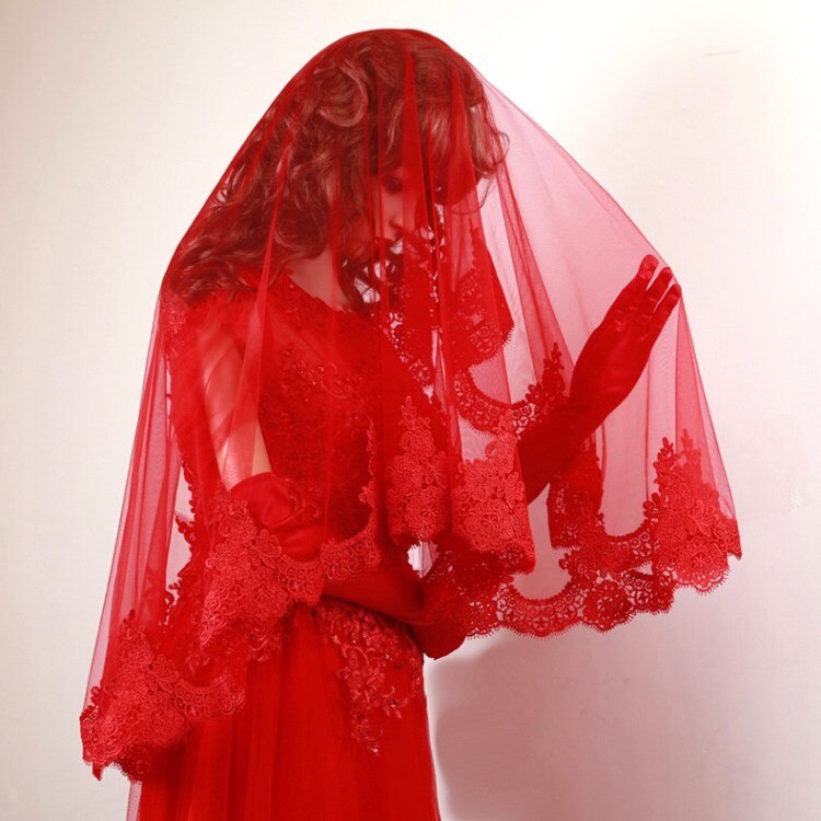 Et lag blondekant sort brudeslør 1.5*1.5m langt bryllupsslør bryllupstilbehør mariage bryllupsslør cosplay: Rød