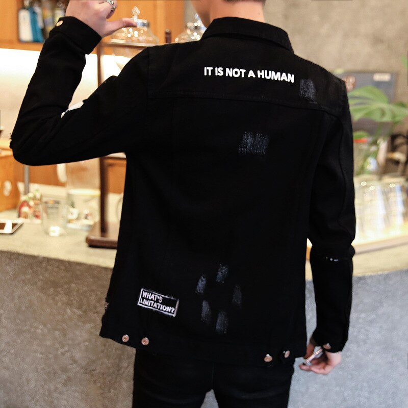 spring Autumn Casual men\'s Korean teenagers jacket patch youth Slim handsome clothes male black denim jacket