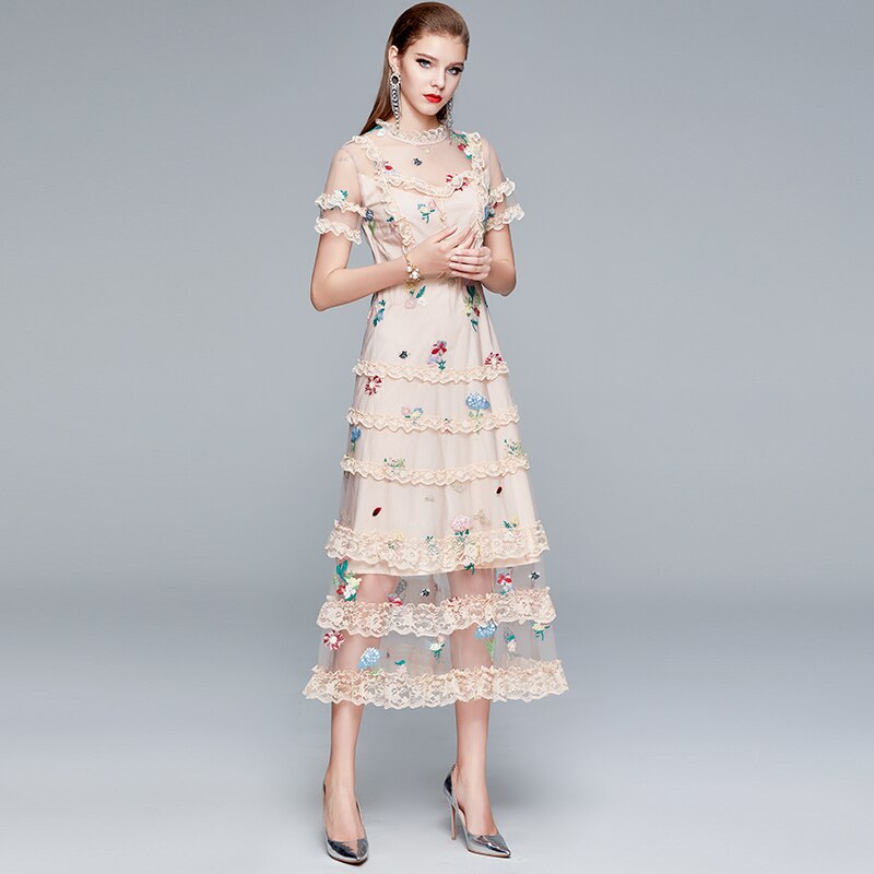 Midi Lace Patchwork Female Long Dress Floral Embroidery Mesh Runway Party Dresses Women Summer Robes TA9905