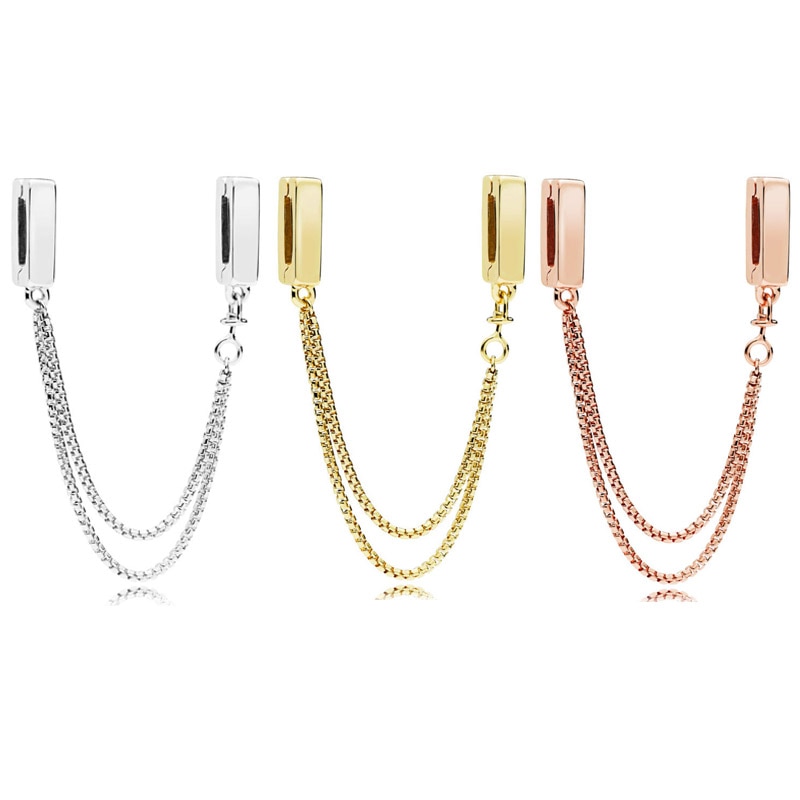 Ægte refleksioner rosa guld glat sikkerhedskæde clip charm 925 sterling sølv originale perle fit armbånd gør-det-selv smykker