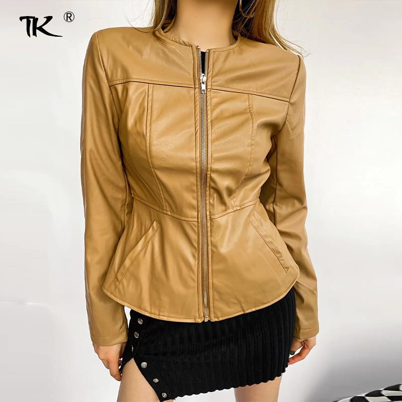 Chaqueta de retales de Pu para mujer, abrigo de manga larga con cuello redondo y cremallera, chaqueta ajustada lisa, informal,