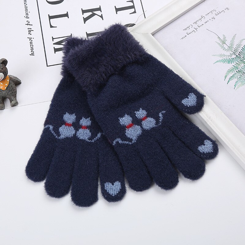 Wecute Child Gloves Junior High School Students Warm Gloves Outdoor Cycling Kawai Cat Plush Thickening for Boys Girls Best: Navy