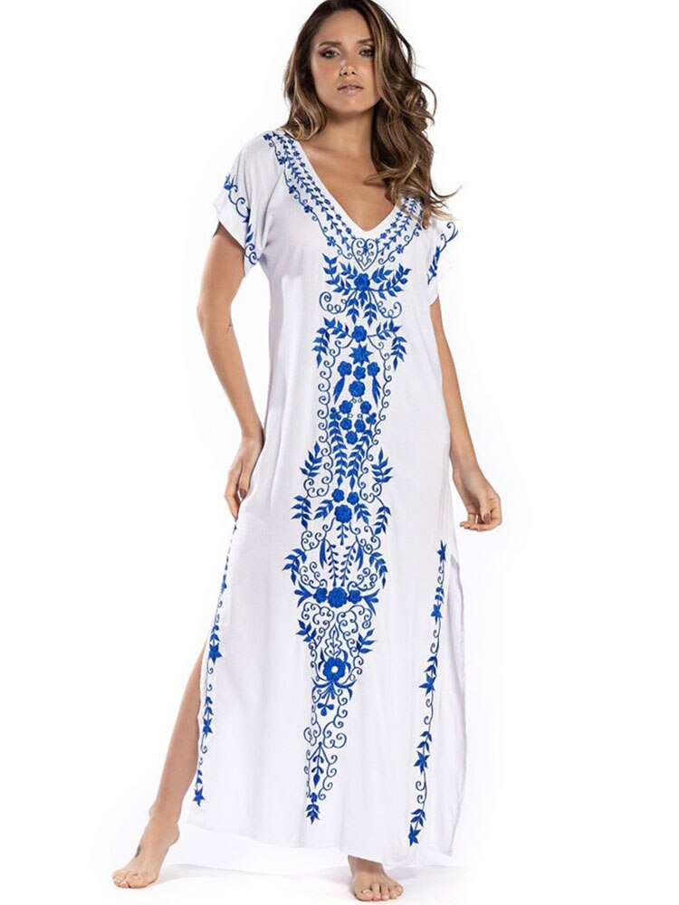Beach Long Dress Oversized V Neck Short Sleeve Summer Dress Batwing Sleeve Embroidery Maxi Dress Loose Beach Cover Up: White
