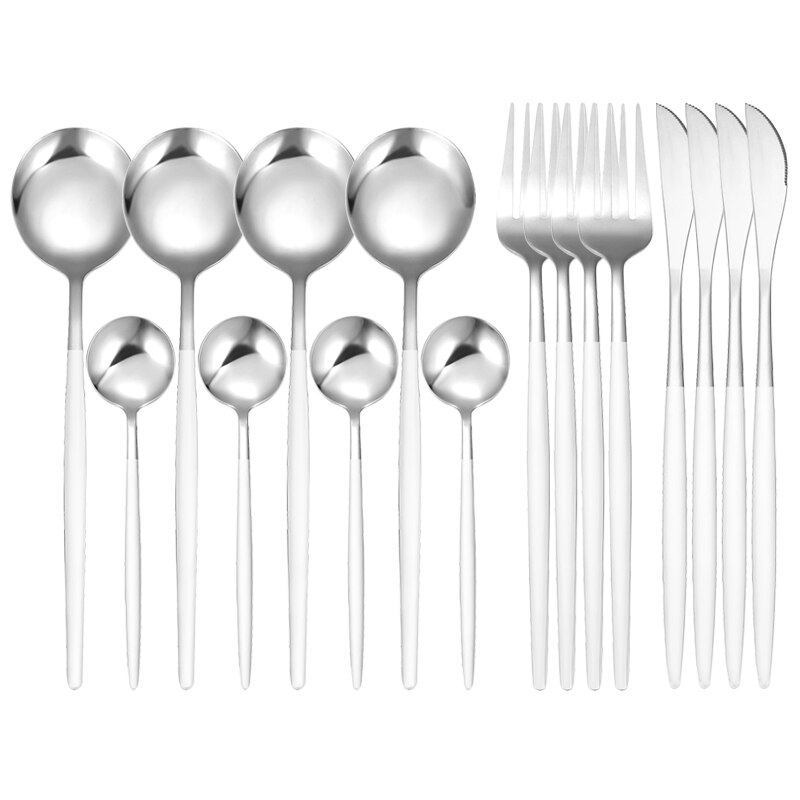 16Pcs/Set White Gold Cutlery Set Knives Forks Tea Spoon Dinnerware Flatware Stainless Steel Silverware Kitchen Tableware Set: 16 Pcs White Silver