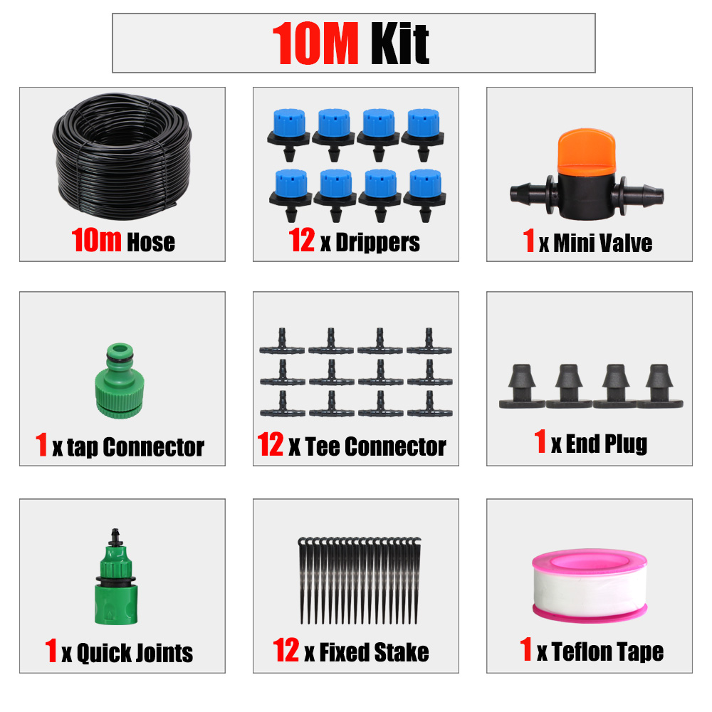 RBCFHl 1/4'' Blue Adjustable Drip Irrigation Nozzle Watering System Stop to Large Water Garden Patio Micro Kits: 10m