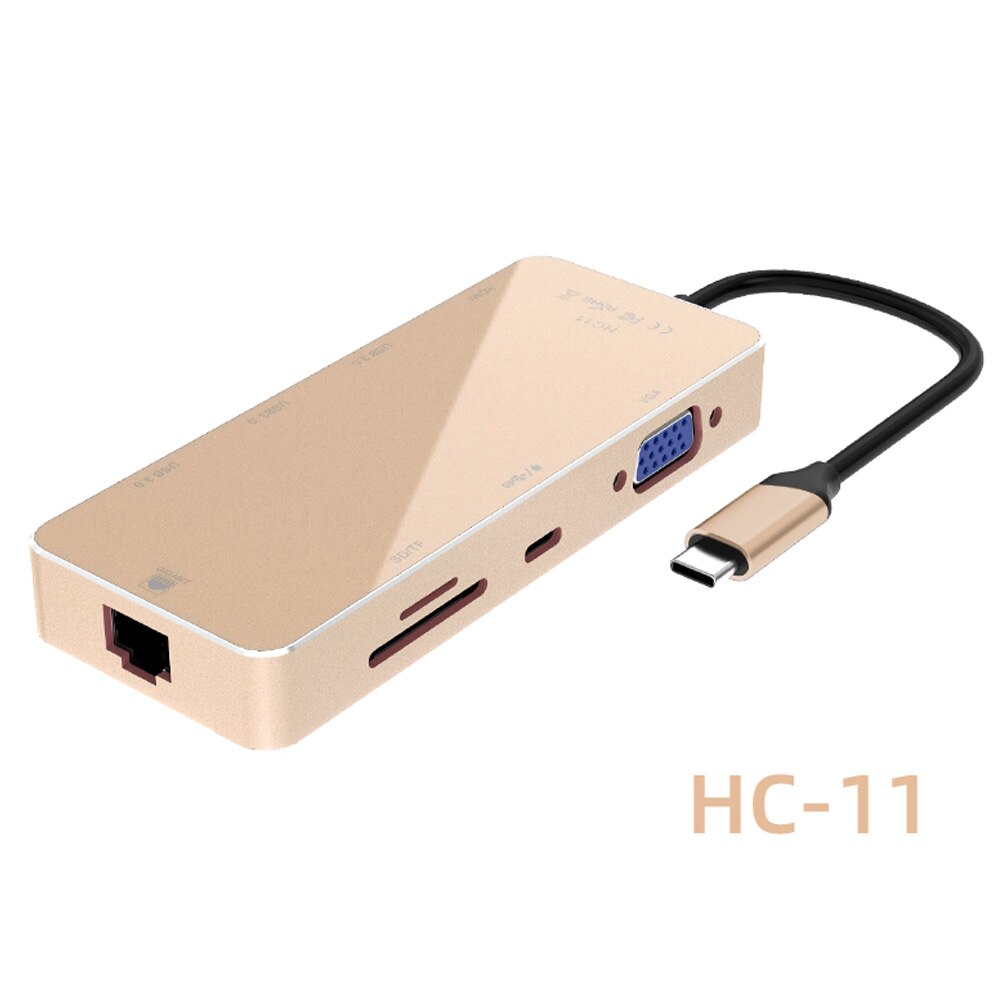 9in1 USB Type C Hub Adapter For Samsung LG Google Macbook Ethernet ,4K HDMI,VGA,USB 3.0 Ports,TF SD Card Reader,PD Fast Charger: HC11 Gold