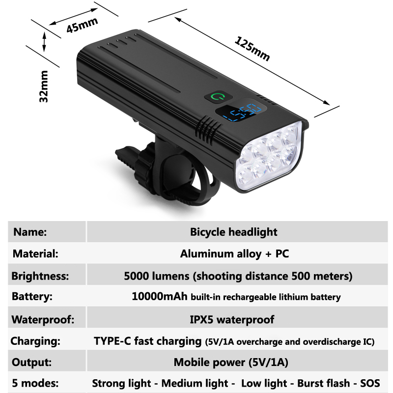 Luz piezas de aluminio para bicicleta de montaña, 2 faros de 10000mAh, 8 luces LED, accesorios para ciclismo de carretera