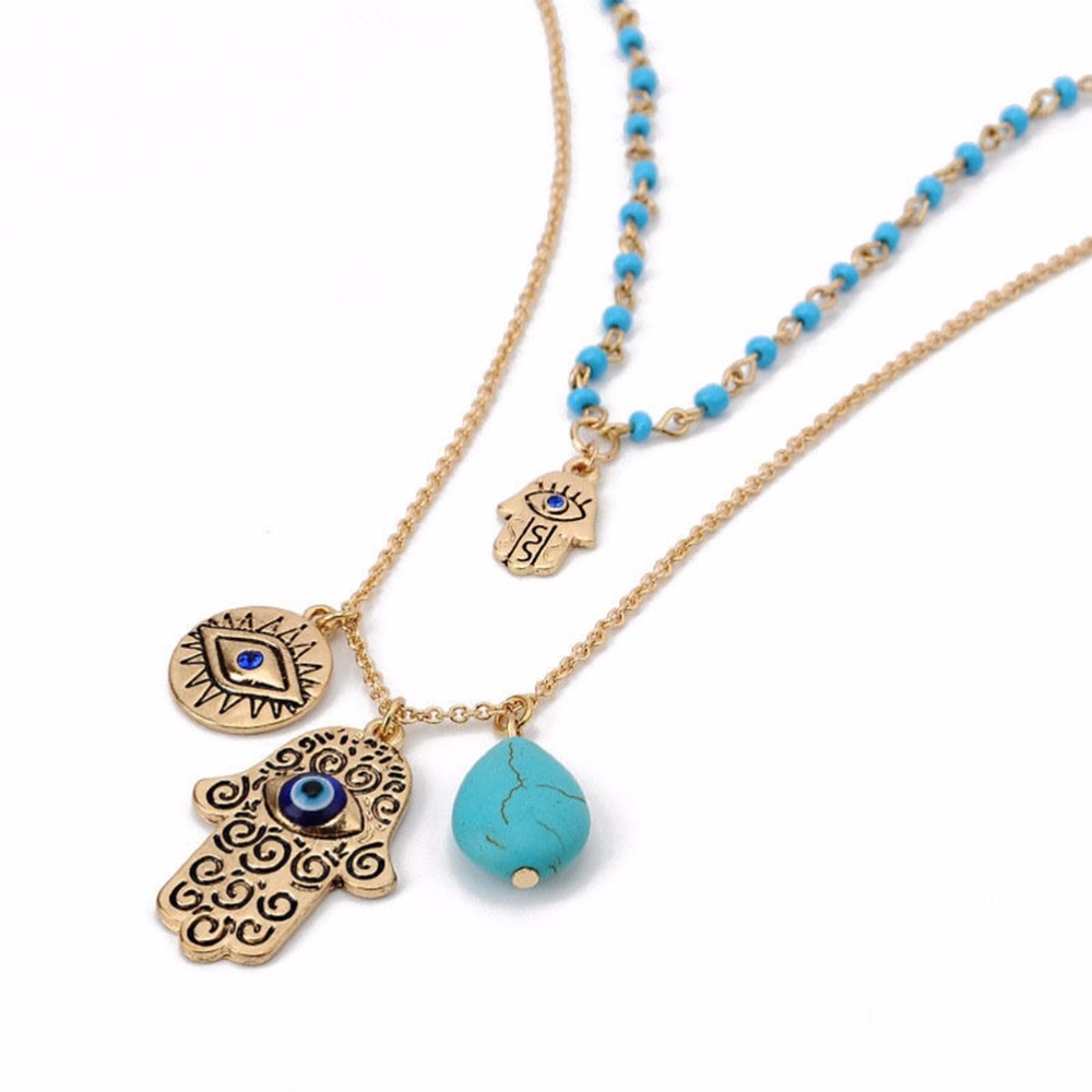 1pc necklace Women Fine Jewelry Charms Blue Evil Eye Hamsa Hand Necklace Vintage Bead Green Stone Necklaces & Pendants