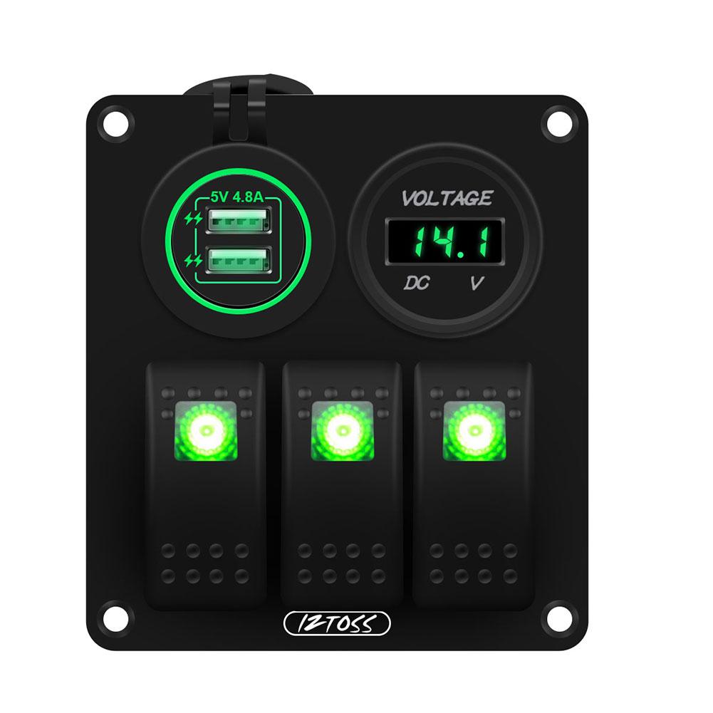 Boat Switch Panel Car Switch Panel Waterproof Digital Voltmeter Dual USB Port 12V Outlet Combination Marine LED Rocker 3 Gang: Green Light