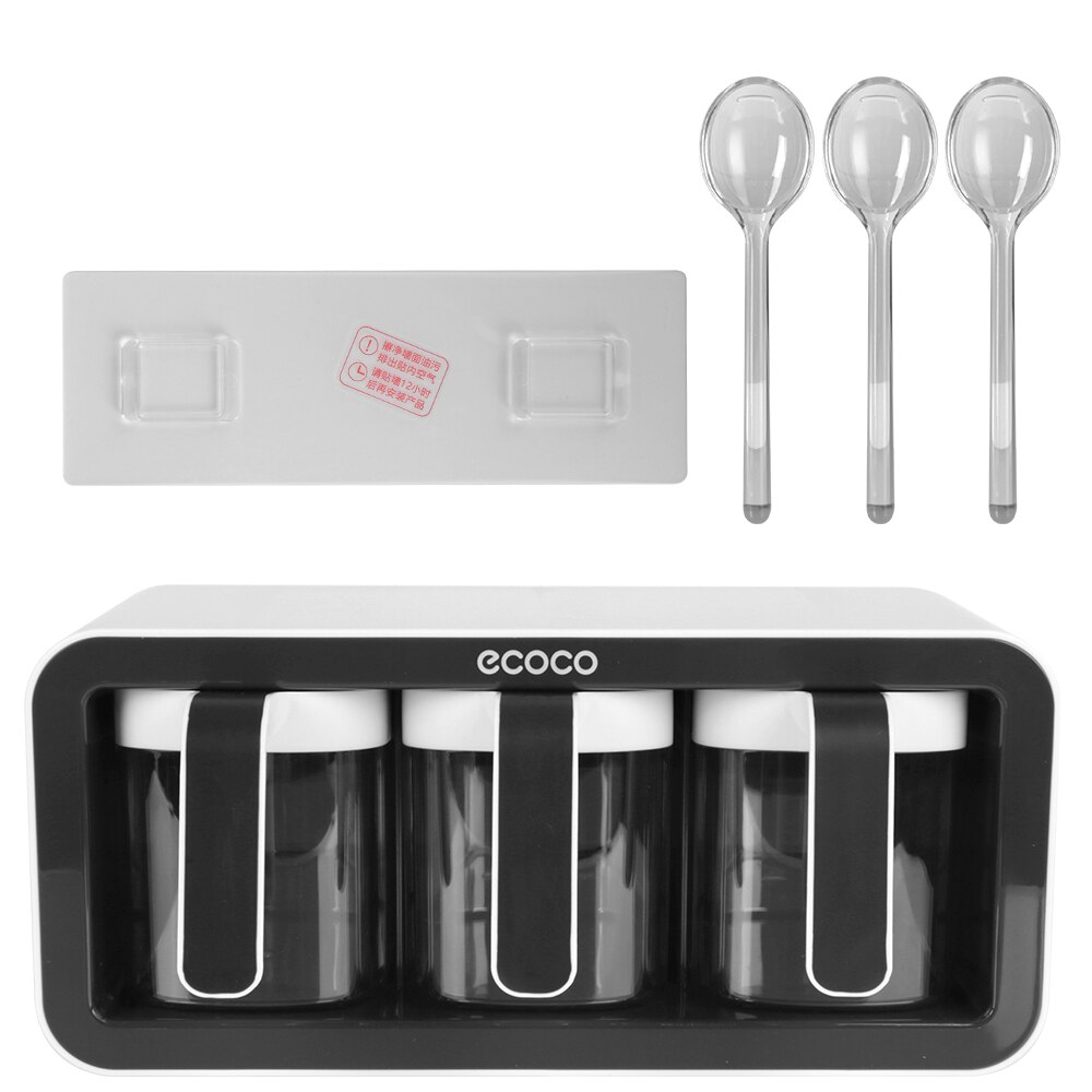 Spice Boxes Wall Mount Storage Set Kitchen Supplies Sugar Bowl Salt Shaker Seasoning Container Spice Rack Organizer With Spoons: Black 3 cups