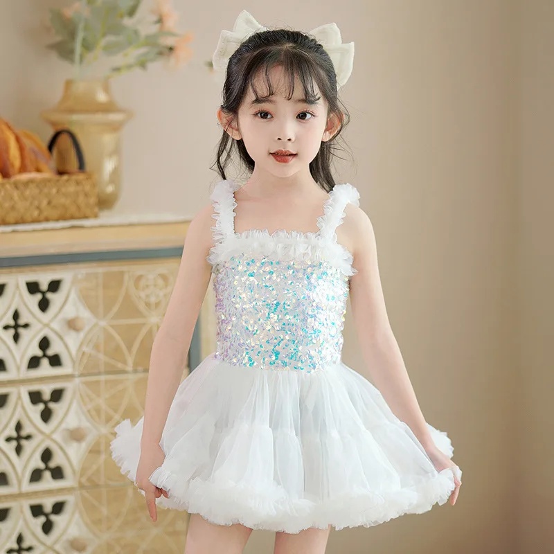Falda de tul estilo princesa, bonito vestido de actuación para niña, ropa de verano para niños, vestido de baile de cuento de hadas, traje para niña pequeña: BLANCO / 3M