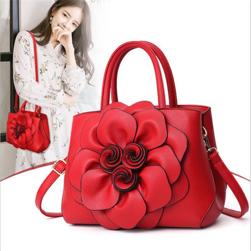 Spring Solid Color Female Handbag PU Leather Flower Portable Shoulder Bag Women Messenger Bag