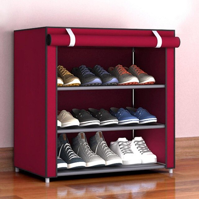 Shoe Rack Shoe Cabinet Multi-Layer Non-Woven Fabric Slipper Housekeeping Shoes Hanger Home Organization Space Save Shoe Shelf: four layers red