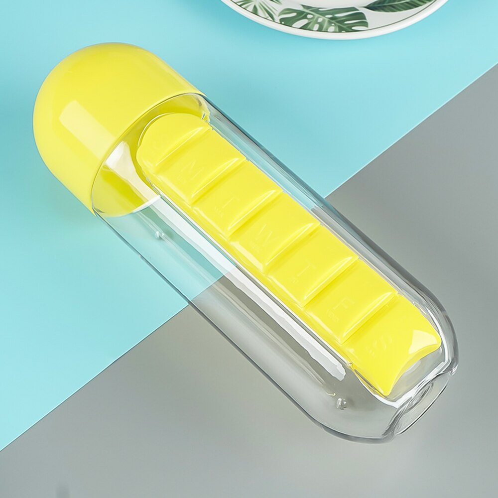 600Ml Sport Plastic Water Fles Combineren Dagelijks Pill Boxes Organisator Drinken Flessen Lekvrije Fles Tumbler Outdoor: Yellow