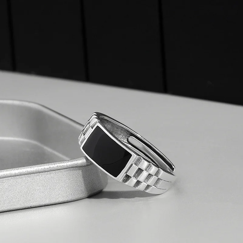 último anillo rectangular negro de cristal, accesorios para dedos de boda para hombre, anillo cuadrado clásico, joyería de plata 925 para hombre ajustable