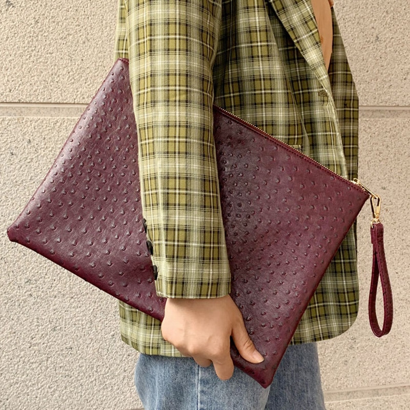 Ostrich Maroon Leather Clutch Handbag Python Women Laptop Bag For Macbook Pouch Bag With Short Wristlet