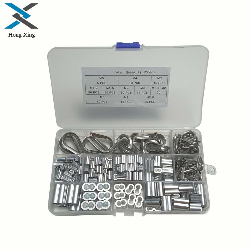 Kit d'assortiment de manchons à sertir en aluminium, 265 pièces, câbles en acier inoxydable 304