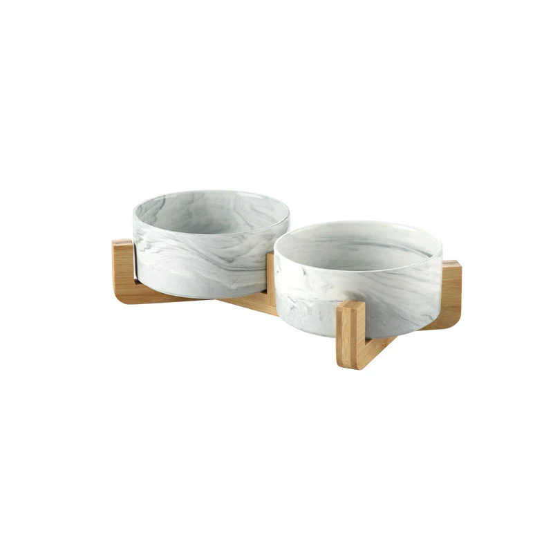 Tigela de cerâmica marmorizada para gatos, com suporte de madeira, tigelas duplas para alimentos, água, cachorros pequenos, suprimentos de alimentação elevados: M / ROXO