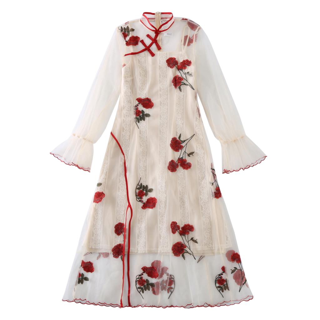 Chinese Dress women qipao flower embroidery bridesmaid wedding party dress vestidos lace mesh cheongsam dress