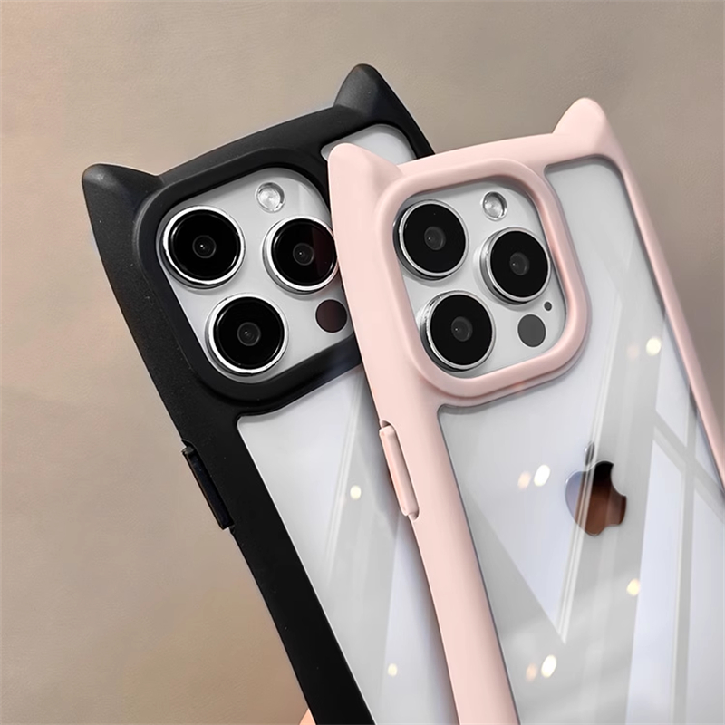 Cartoon 3D Cute Cat Ears Silicone Bumper Shockproof Phone Case For iPhone 15 14 13 12 Pro Max 11 Transparent Acrylic Hard Cover