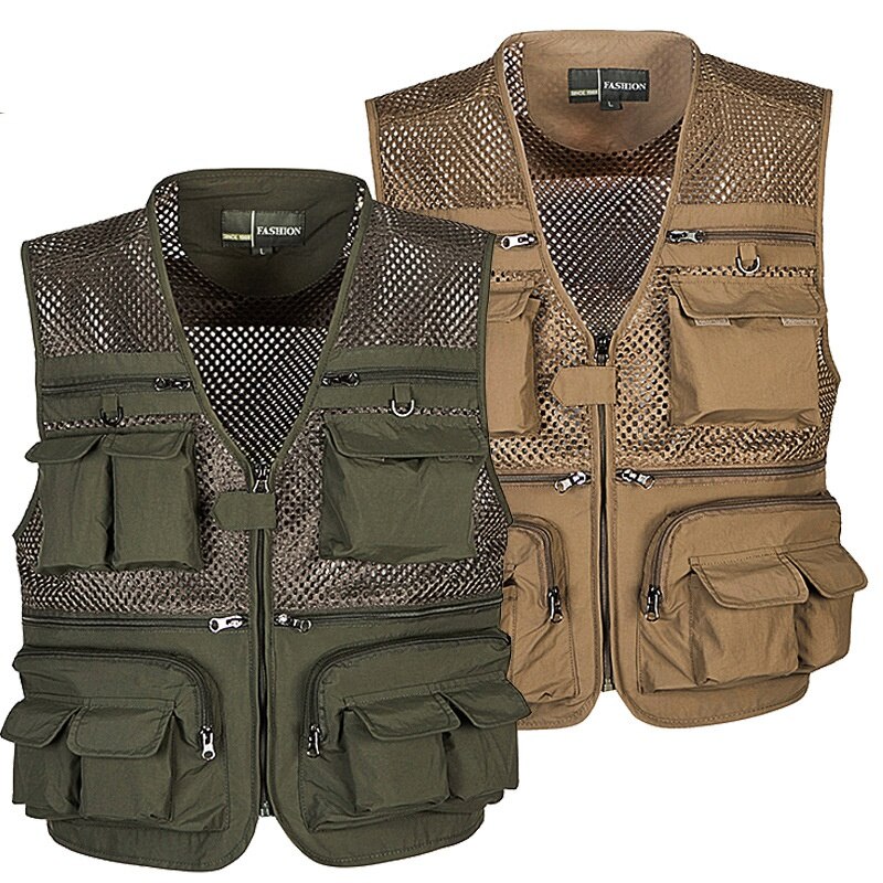 Goed! vistop, sneldrogend, ademend, multi-pocket mesh jack, fotografie wandeltop, legergroen vistop, rn