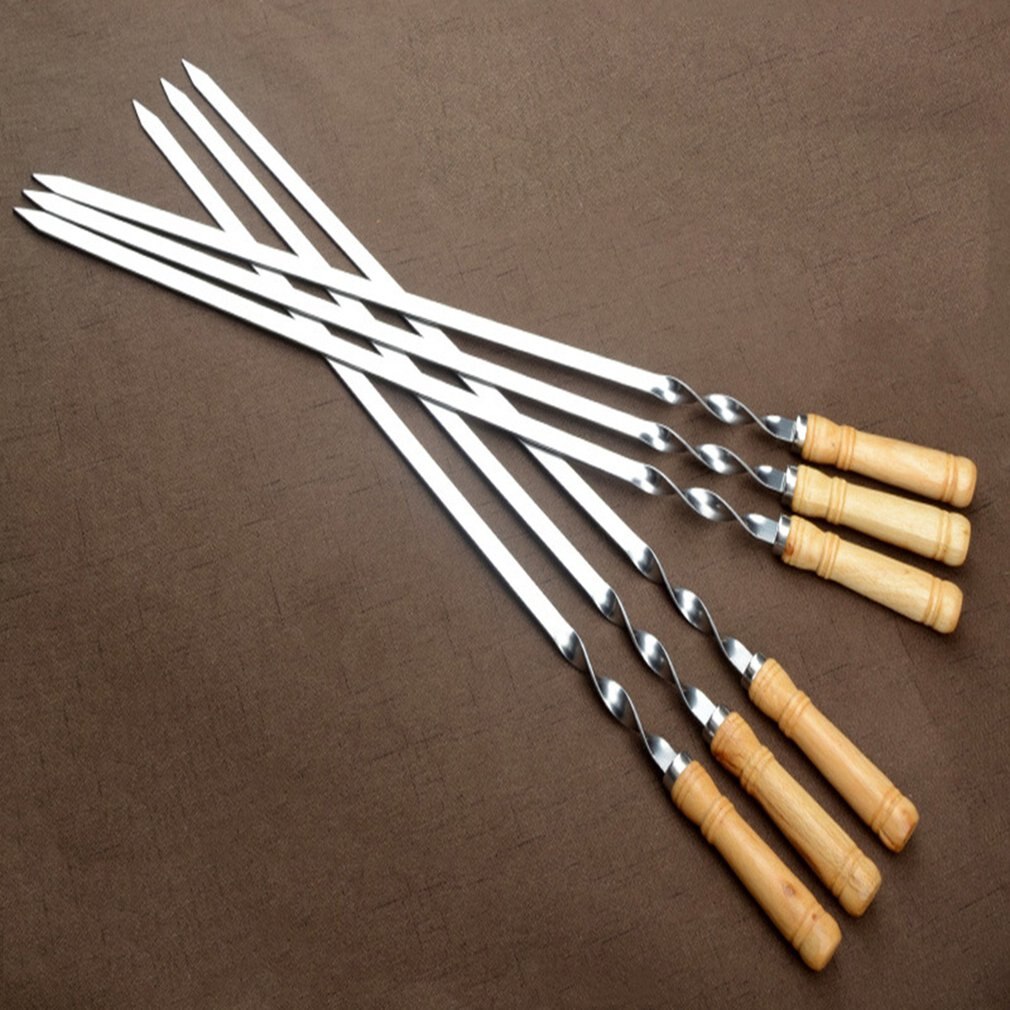 55Cm Bbq Spiesjes Lange Handvat Shish Kebab Barbecue Grill Stok Hout Bbq Vork Rvs Buiten Grill Naald 6 stuks