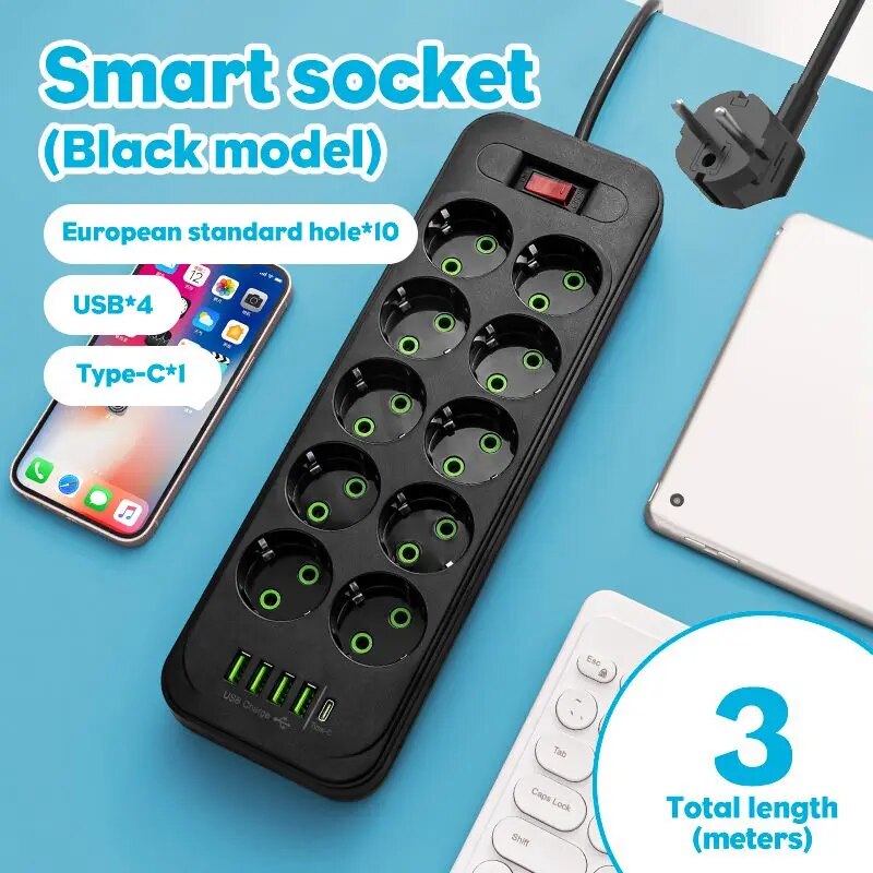 EU Plug AC Outlet Power Strip Multitap Extension Cord Electrical Socket With 4 USB Ports Fast Charge Multiprise Network Filter: WHITE