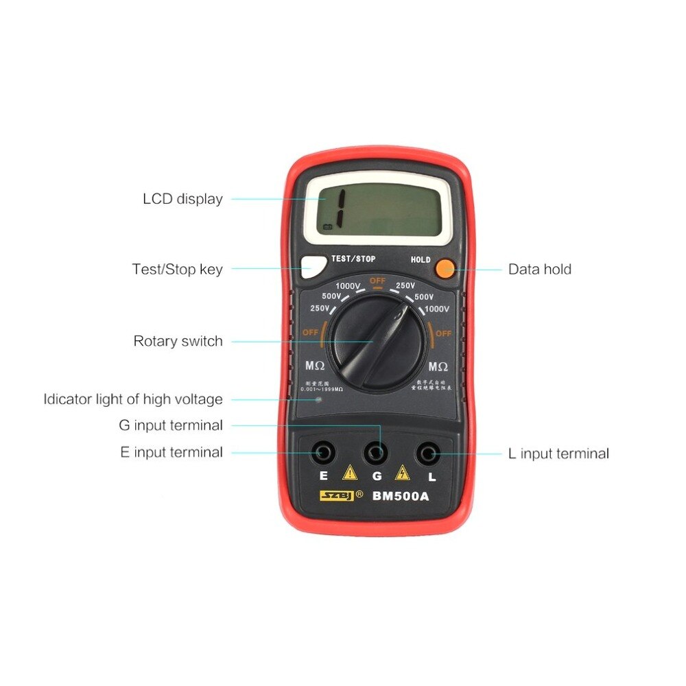 BM500A Digital Megger 1000V Auto Range Insulation Resistance ohm Meter Tester Megohmmeter Multimeter Voltmeter LED indication