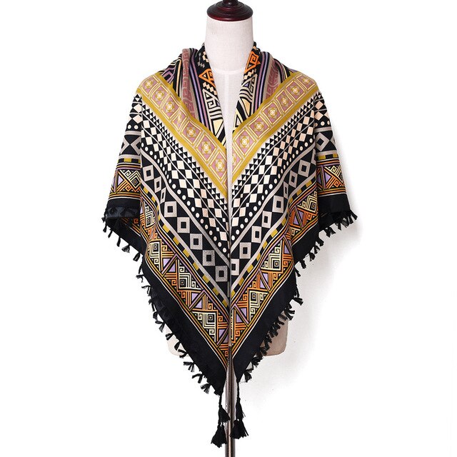 Sjaal Vrouwen Winter Bohemian Vierkante Zakdoek Sjaal Wrap Retro Patroon Kwastje Vrouwelijke Sjaal Grote 115Cm Katoen Foulard Bloemen: 24