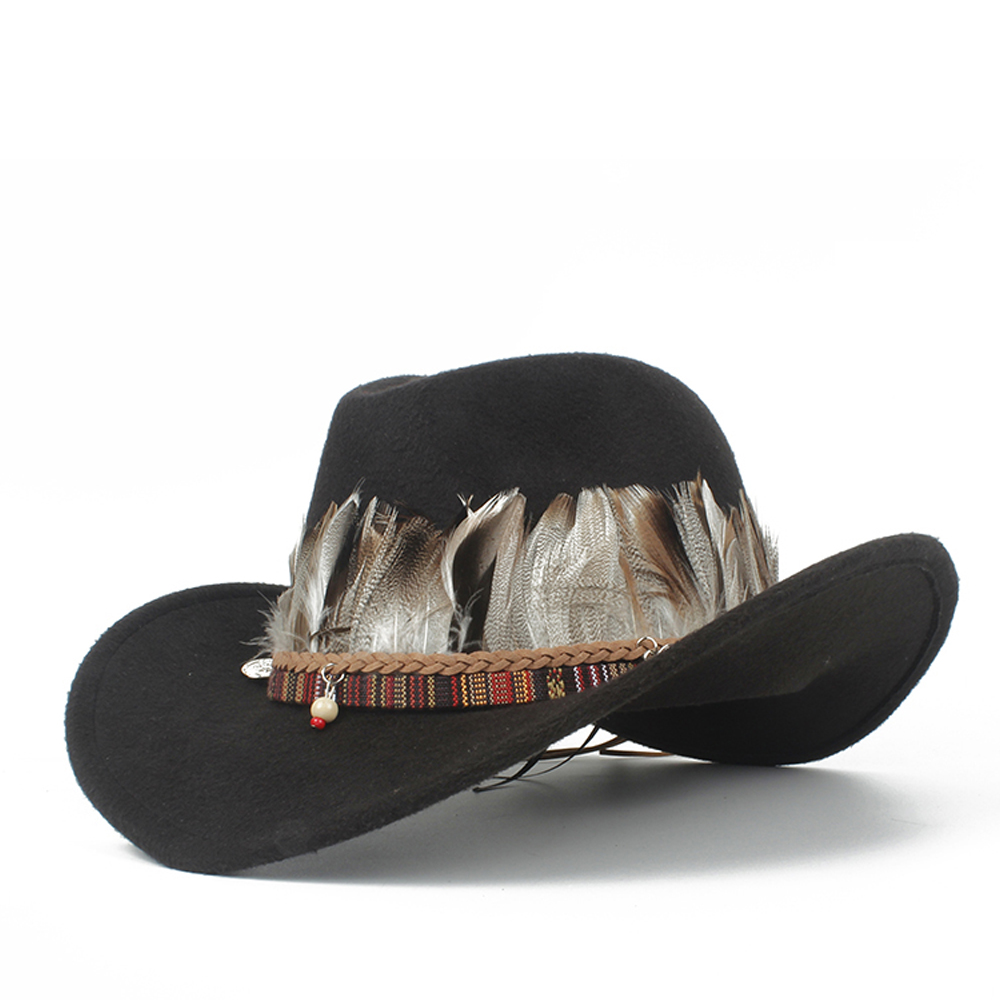 Sombrero de vaquero occidental de lana para niño y niña, Sombrero de cuero con agujeros, Outblack, Sombrero de Jazz para Hombre: Black