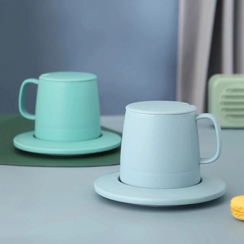 Taza nórdica con tapa y cuchara para mujer, Taza de cerámica creativa para oficina, sencilla, taza de café de gran capacidad de 375ml, taza de agua para el hogar