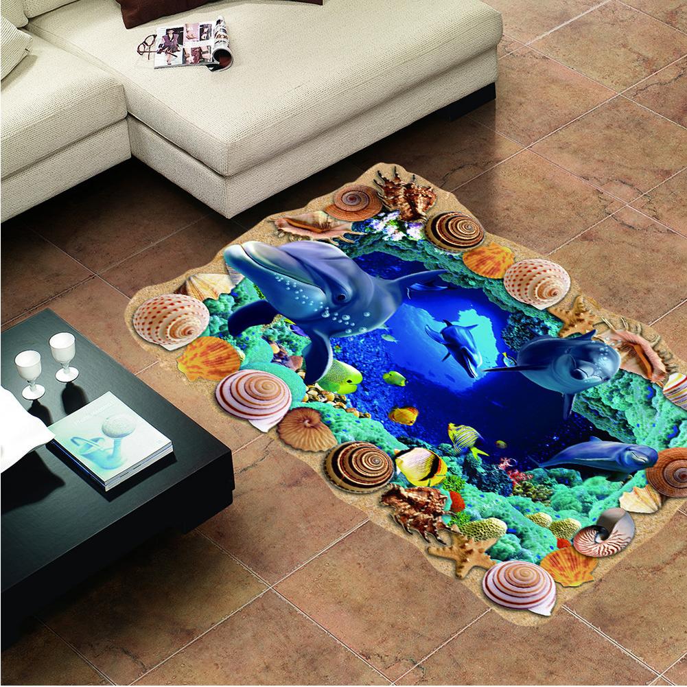 3D Underwater World Cave Stickers Dolphin Wall Decals Living Room Bedroom Kindergarten Floor Decoration Removable Wall Stickers
