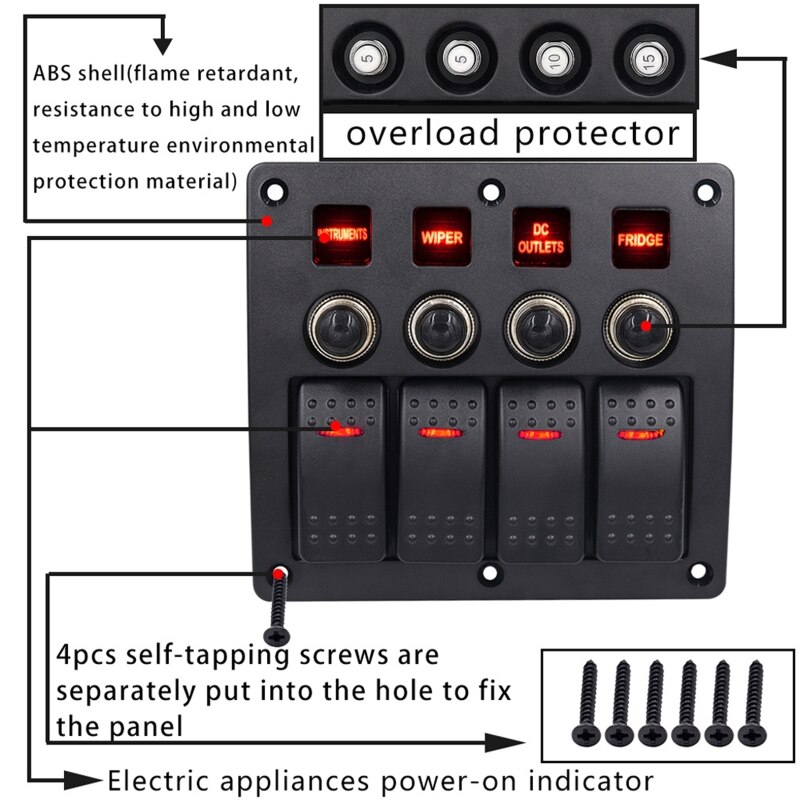 4 Gang Red LED Waterproof Rocker Panel Switch w/Lens For Marine Boat 12-24V