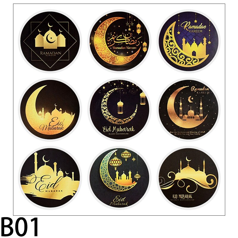 Autocollant Eid Mubarak Ramadan 4cm, étiquette autocollante pour emballage de boîte avec étoiles et motifs de lune, pour Scrapbook musulmans islamiques pour enfants, 90 pièces: B01-90Pcs