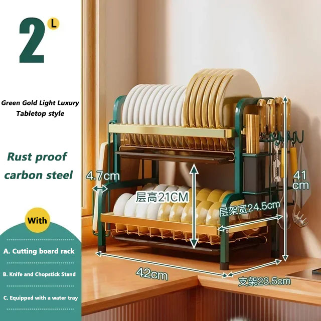 Stainless Steel 2-Tier Dish Drying Rack Large Rust-Proof Compact Kitchen Drainboard With Utensil Holder: black