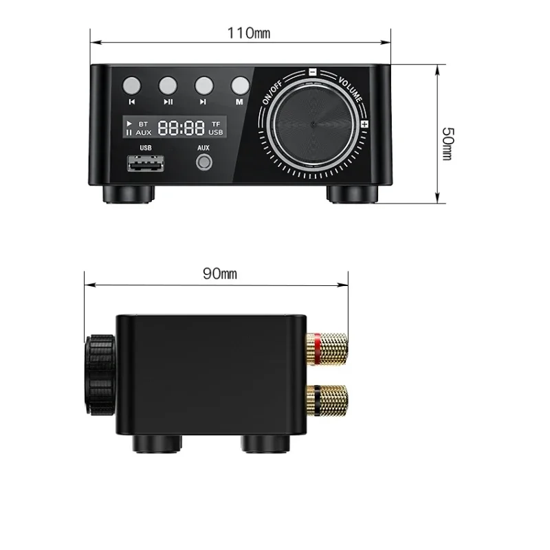 Mini Audio HiFi Bluetooth 5.0 Power Class D Amplifier 2.0 Channel Digital Amp 50W*2 Home Car Marine Audio USB AUX IN