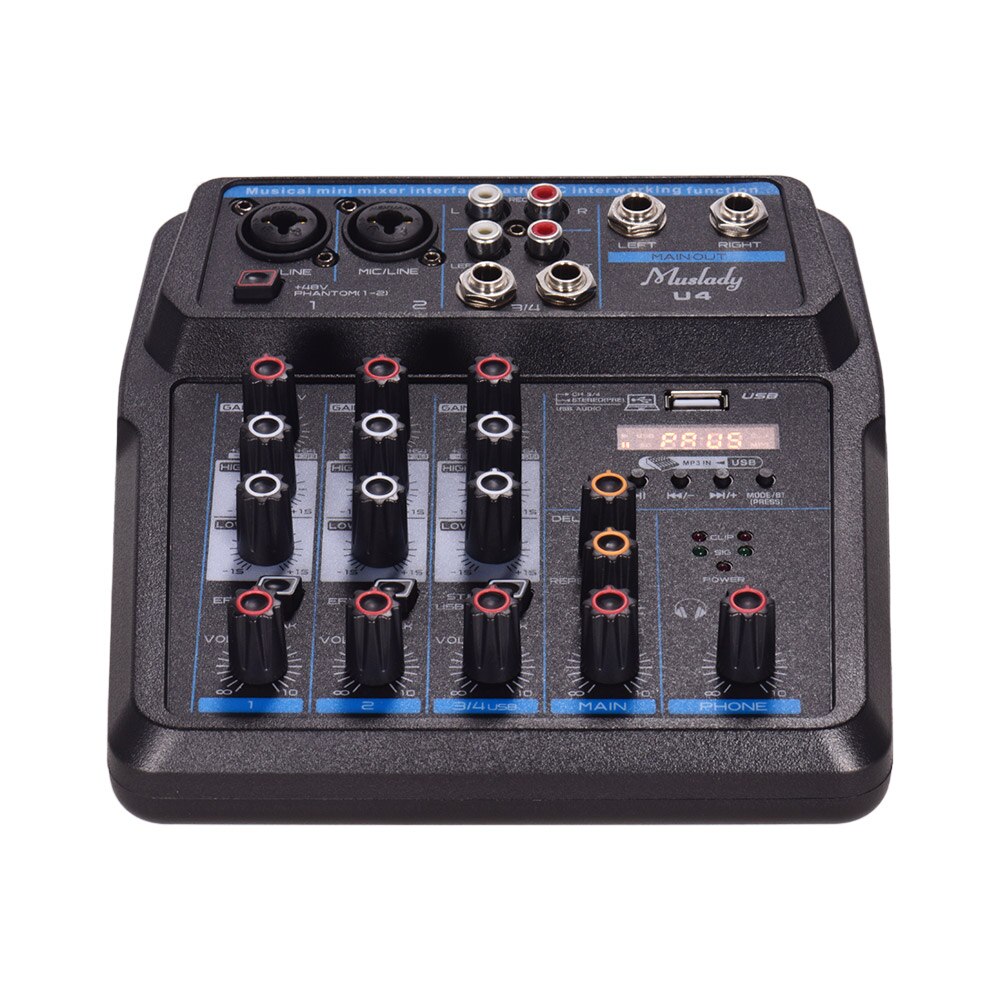 Muslady U4 Portable 4 Channels Audio Mixer BT USB Mixing Console with Sound Card Built-in 48V Phantom Power EU/US Plug