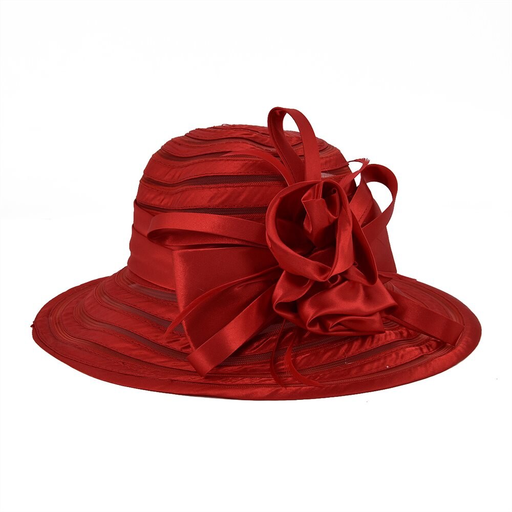 VOBOOM Organza été chapeau femmes vert large bord Protection solaire mariage église mer plage chapeaux rayure dames chapeau arc fleur 001: Rouge