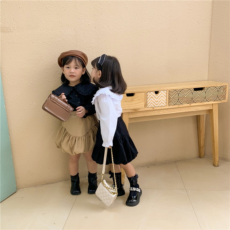 Jupe Style coréen pour petite fille, vêtement d&#39;automne, noir, kaki, taille élastique, volants, lanterne, citrouille, vêtements à la , , E218