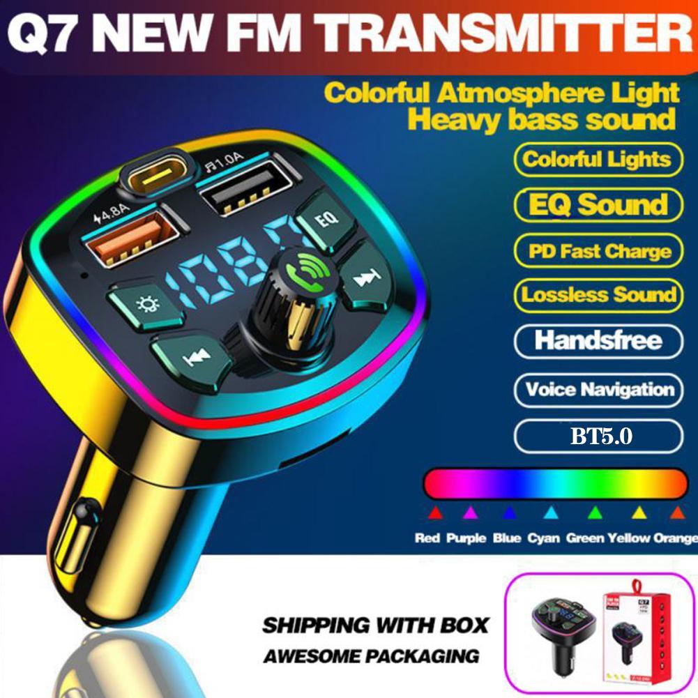Allume-cigare Bluetooth 5.0 pour voiture, transmetteur FM PD 18W, double USB 4.8A de Type C, lumière ambiante colorée, lecteur de musique MP3