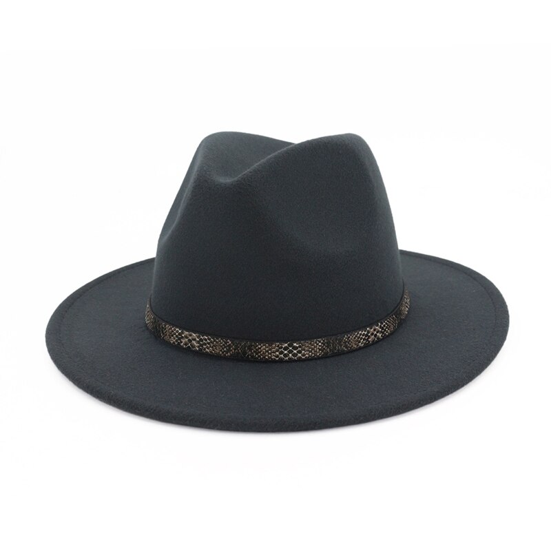 QBHAT femmes hommes à large bord laine feutre chapeau disquette Jazz casquette Panama Fedora chapeaux avec serpent Grain cuir Trilby QB57: Gris foncé