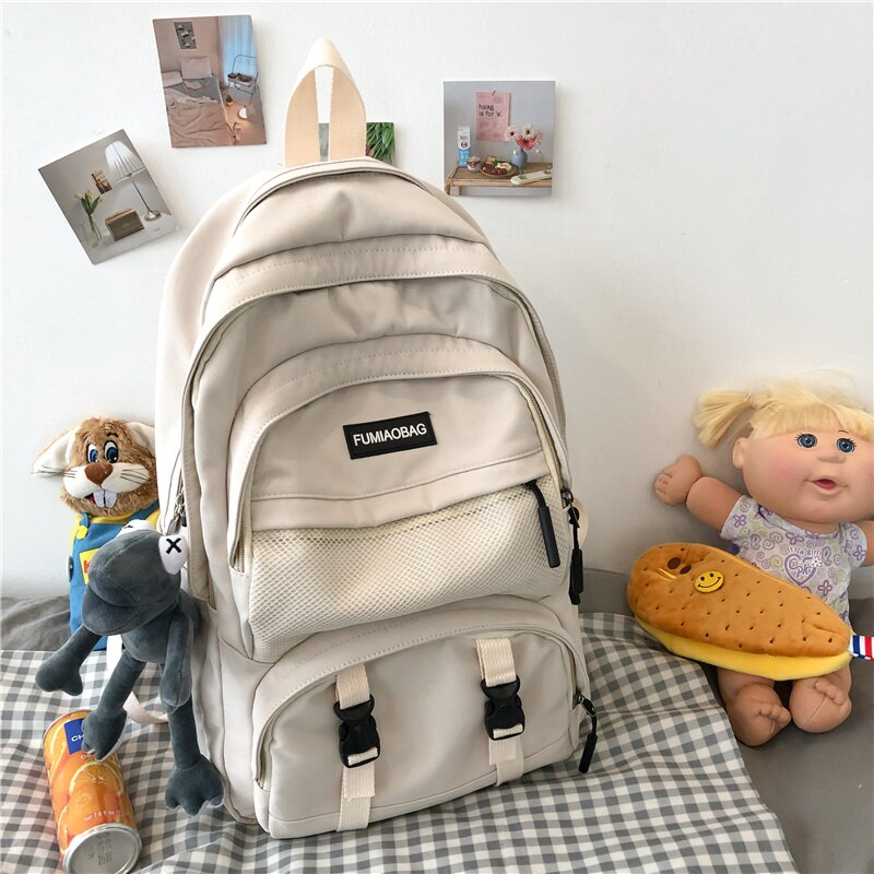 DIEHE Large Capacity Waterproof Nylon Women Backpack Men Multiple Pockets Laptop Backpack Schoolbag for College Couples Bookbag: White / NO Pendant