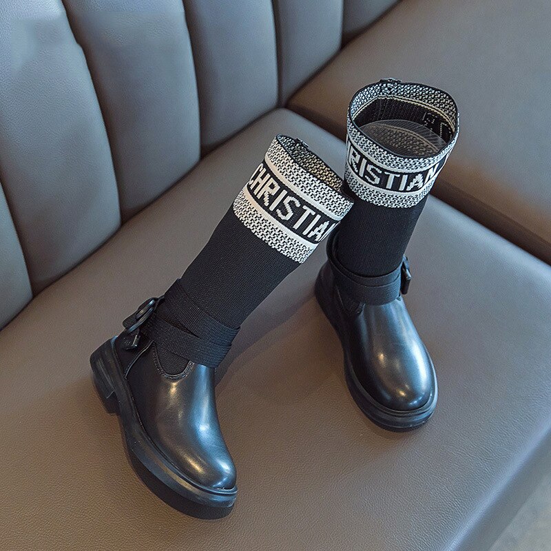 Outono crianças botas na altura do joelho botas altas do bebê meninas botas pretas crianças marca meias sapatos moda sapatos macios deslizamento em botas vestido sapatos