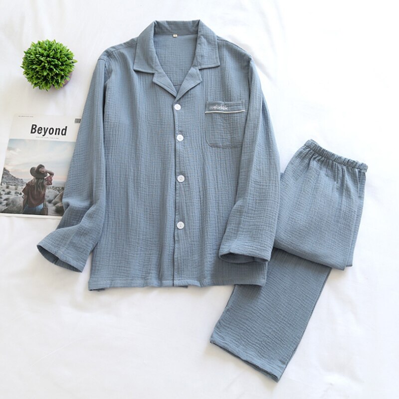 Pyjama en gaze et crêpe pour homme, vêtement de nuit en coton, couleur unie, taille élastique, grande taille, collection automne et hiver: blue / L